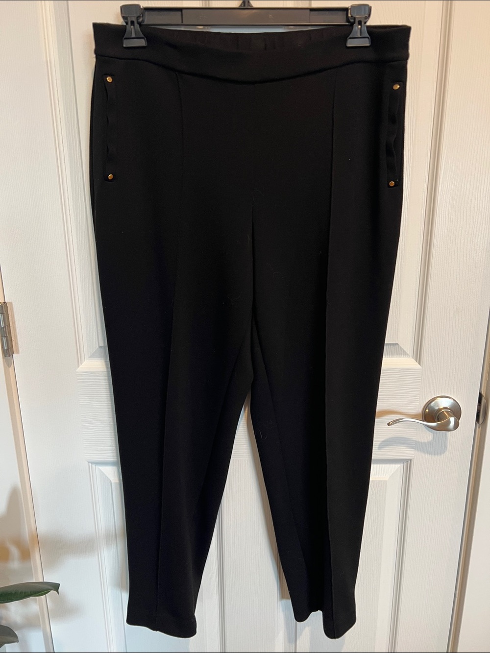 Women's Black Straight-Leg Pull-On Pants with Gold Rivet Detail